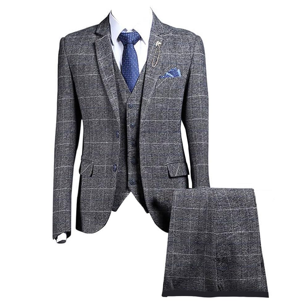 Plaid Gray Tweed Herringbone Men Suit 3 Pieces Two Buttons